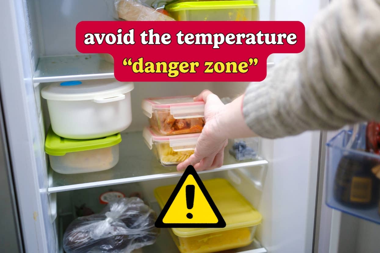 A hand reaches into a fridge full of food containers. Text warns against storing food in the "danger zone" temperature. Warning symbol shown