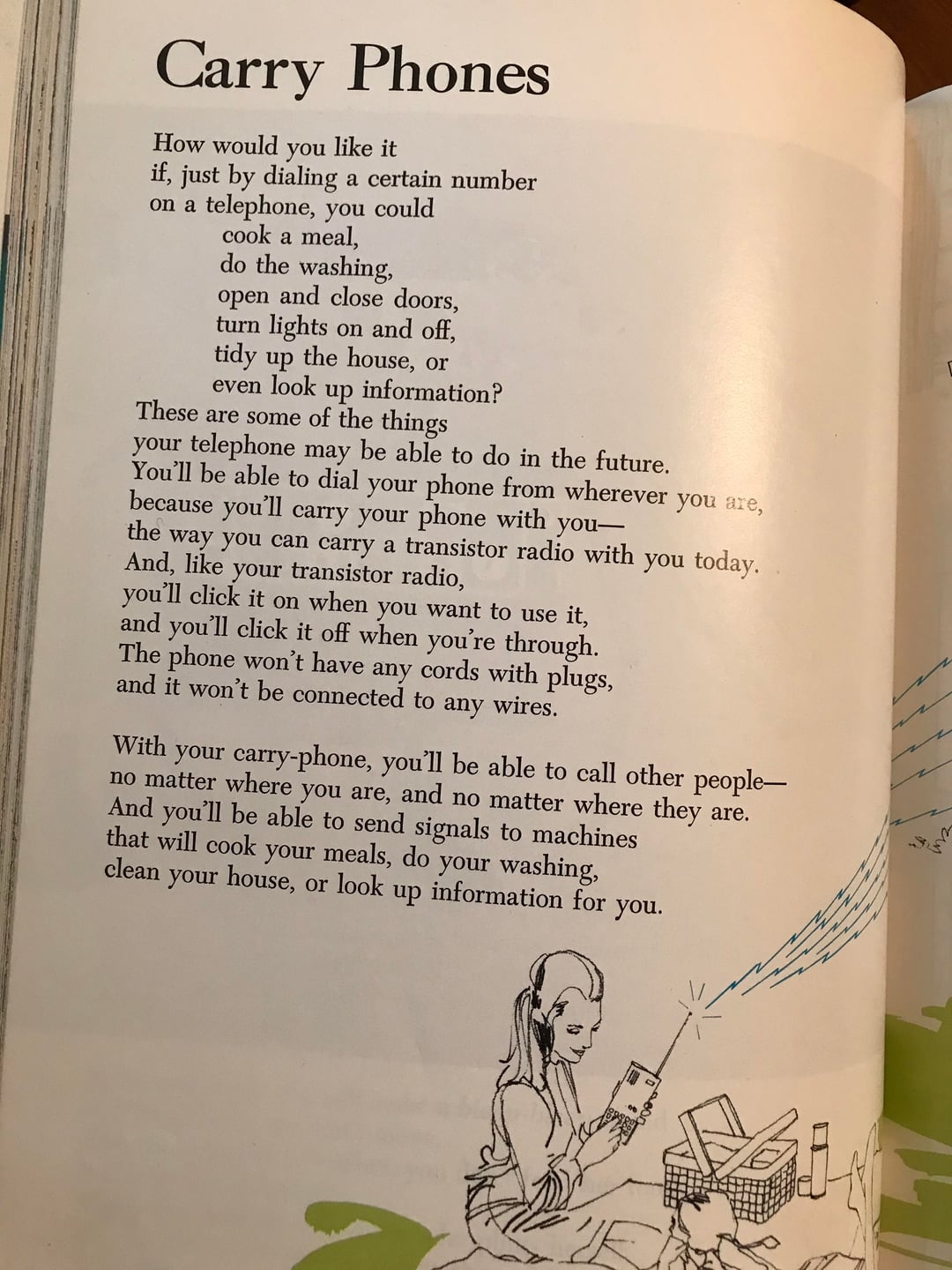 A vintage publication  leafage   titled "Carry Phones" explains aboriginal   telephone  capabilities similar  repast  ordering and distant    communication, alongside an illustration of a person