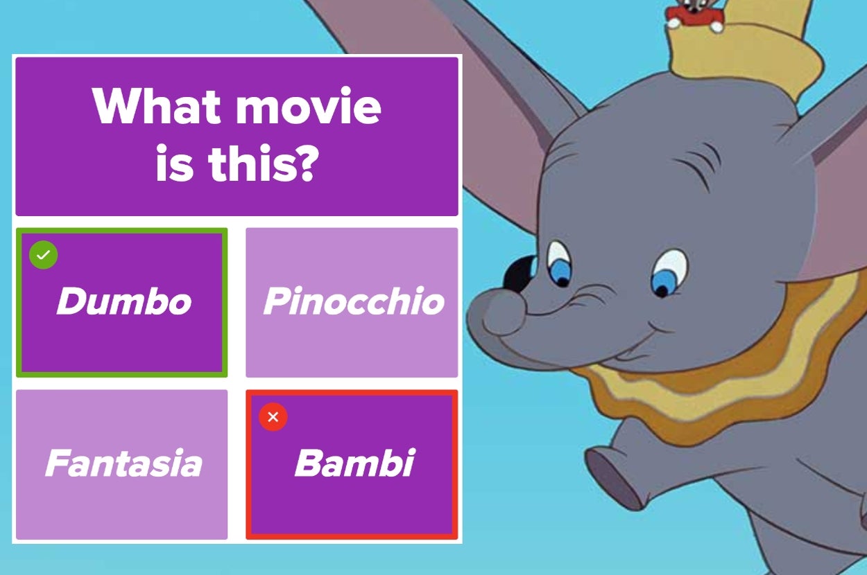 Quiz question with options: Dumbo (selected), Pinocchio, Fantasia, and Bambi. Image of Dumbo flying