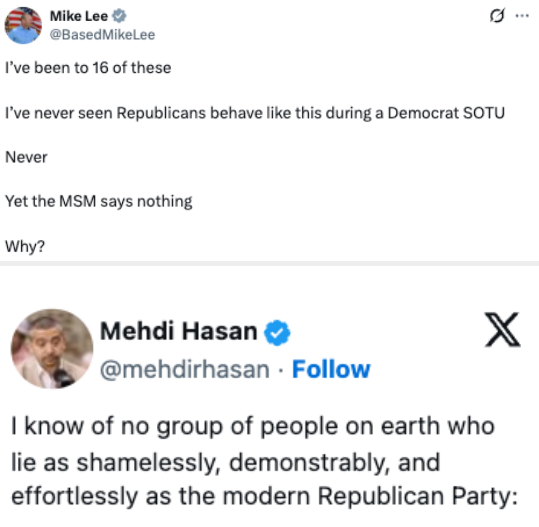 Tweet av Mike Lee som stiller spørsmål ved republikansk oppførsel under en demokratisk stat i unionen og medias taushet om den