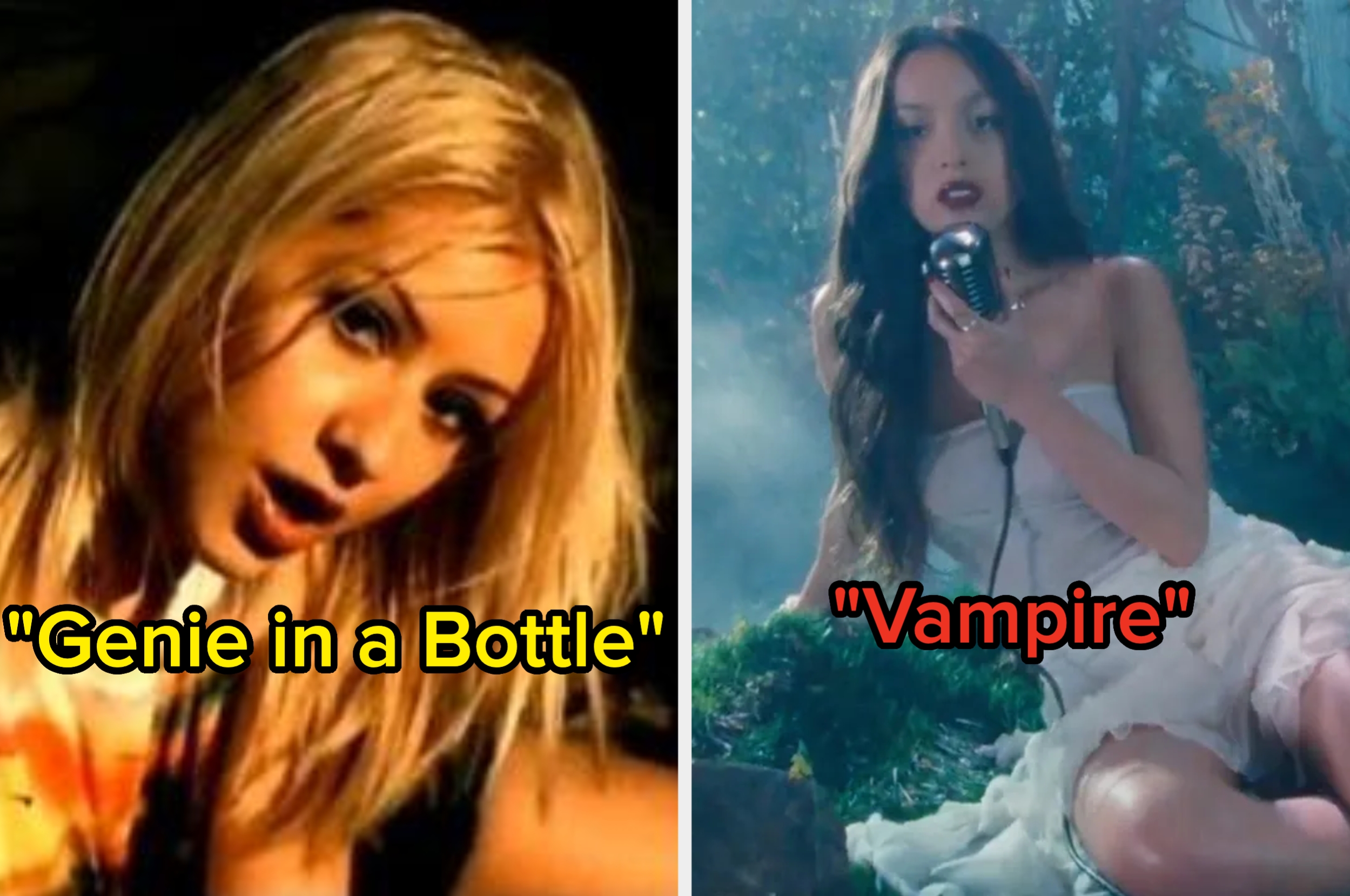 Split image: Left shows a singer from iconic 90s music video; right features a singer sitting outdoors, holding a microphone