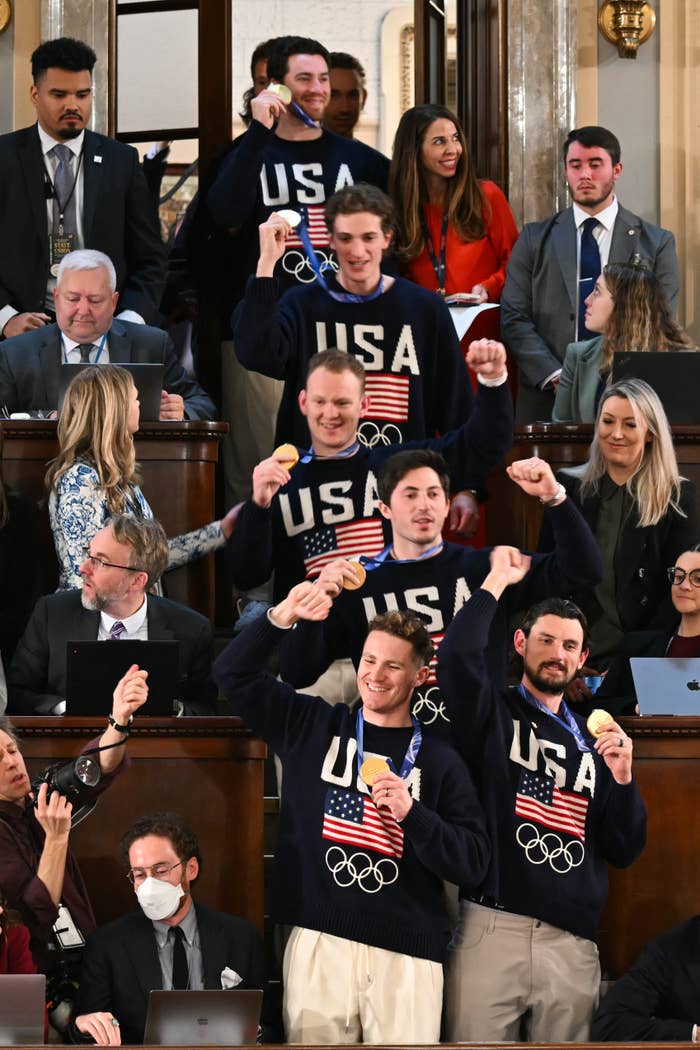Members of the US Men's Olympic hockey team being recogized by Trump as he delivers the State of the Union