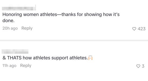 Comments praising Travis and Jason for supporting US women's athletes