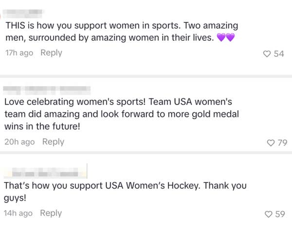 Comments praising Travis and Jason for supporting US women's athletes