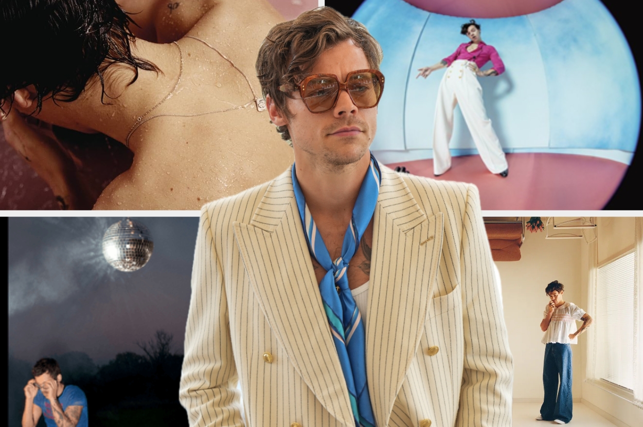 Collage of a Harry Styles' albums with him overlaid wearing a striped blazer and large sunglasses