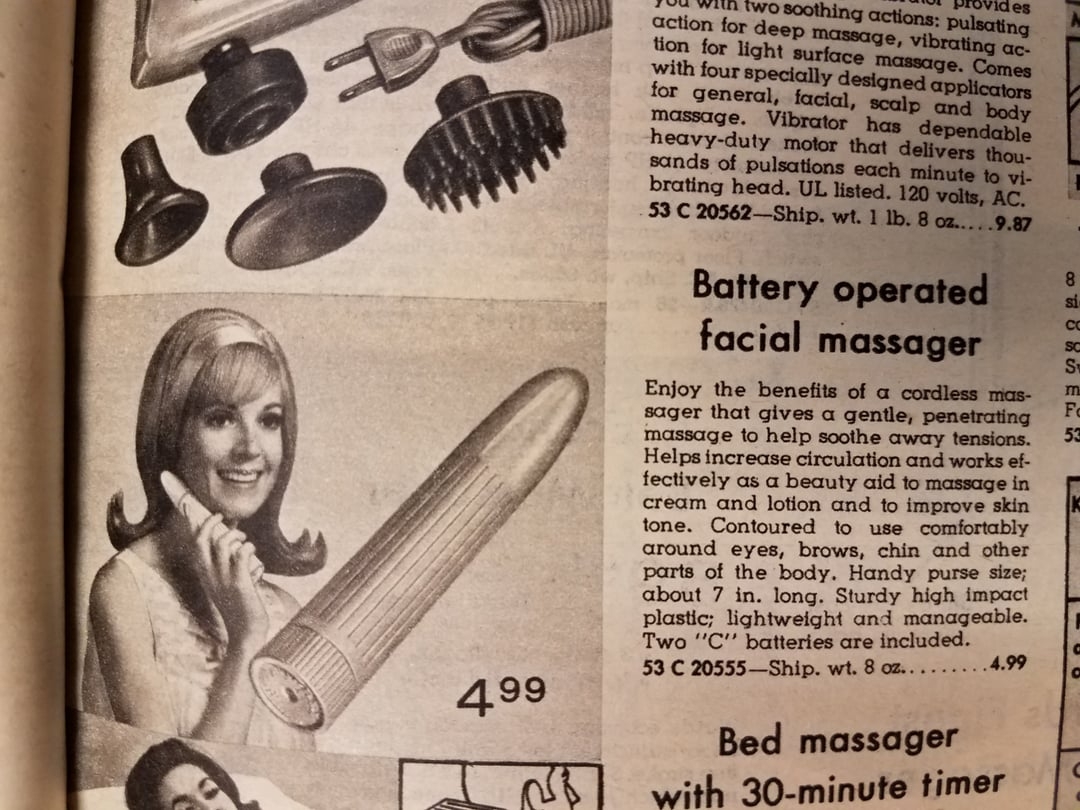 Vintage advertisement featuring a battery-operated facial massager with attachments, highlighting its gentle and penetrating massage benefits