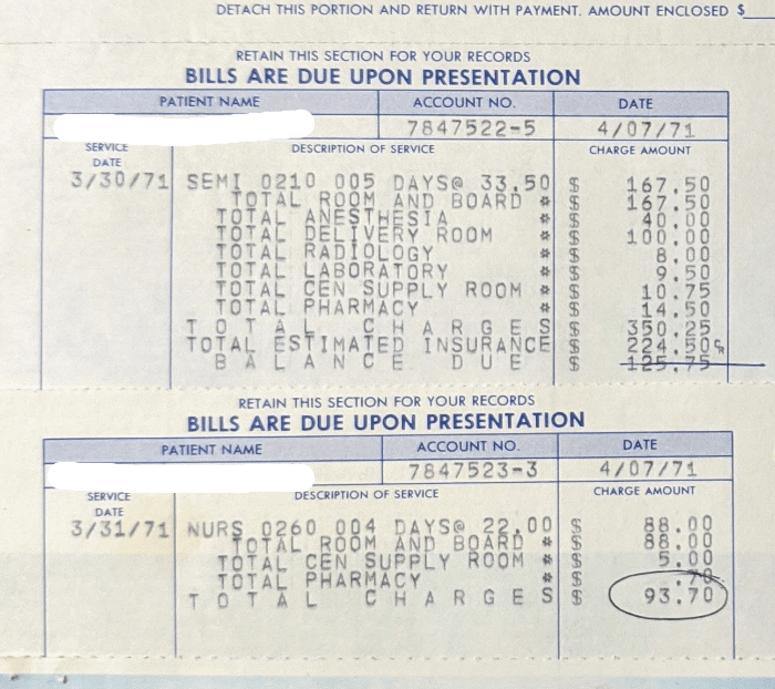 Hospital measure  showing March 1971 charges for room, board, anesthesia, laboratory, and more, totaling $167.50 and $93.70
