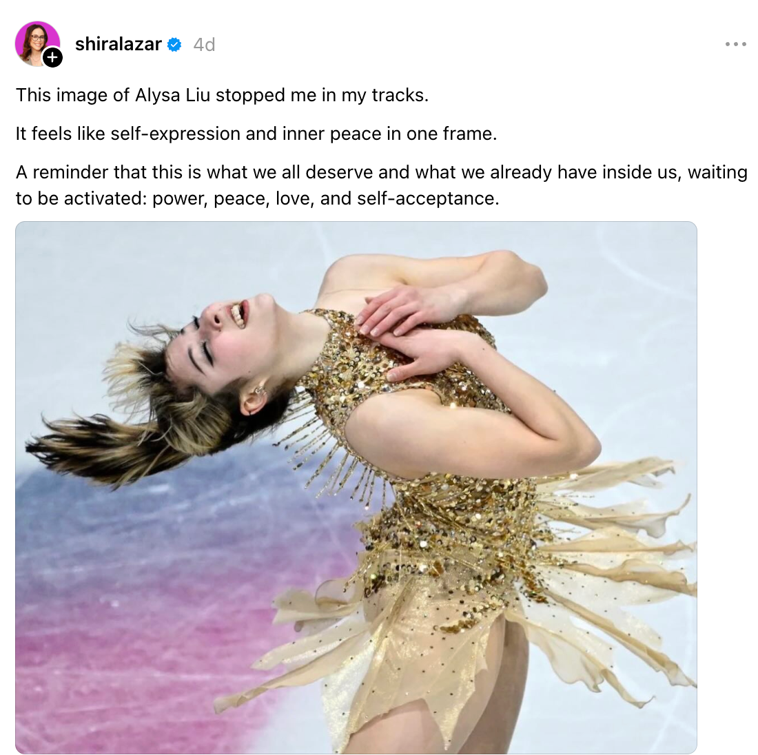 Skater Alysa Liu performs a graceful spin on ice, wearing a sparkling embellished dress, exuding elegance and concentration. Text reflects on inner peace