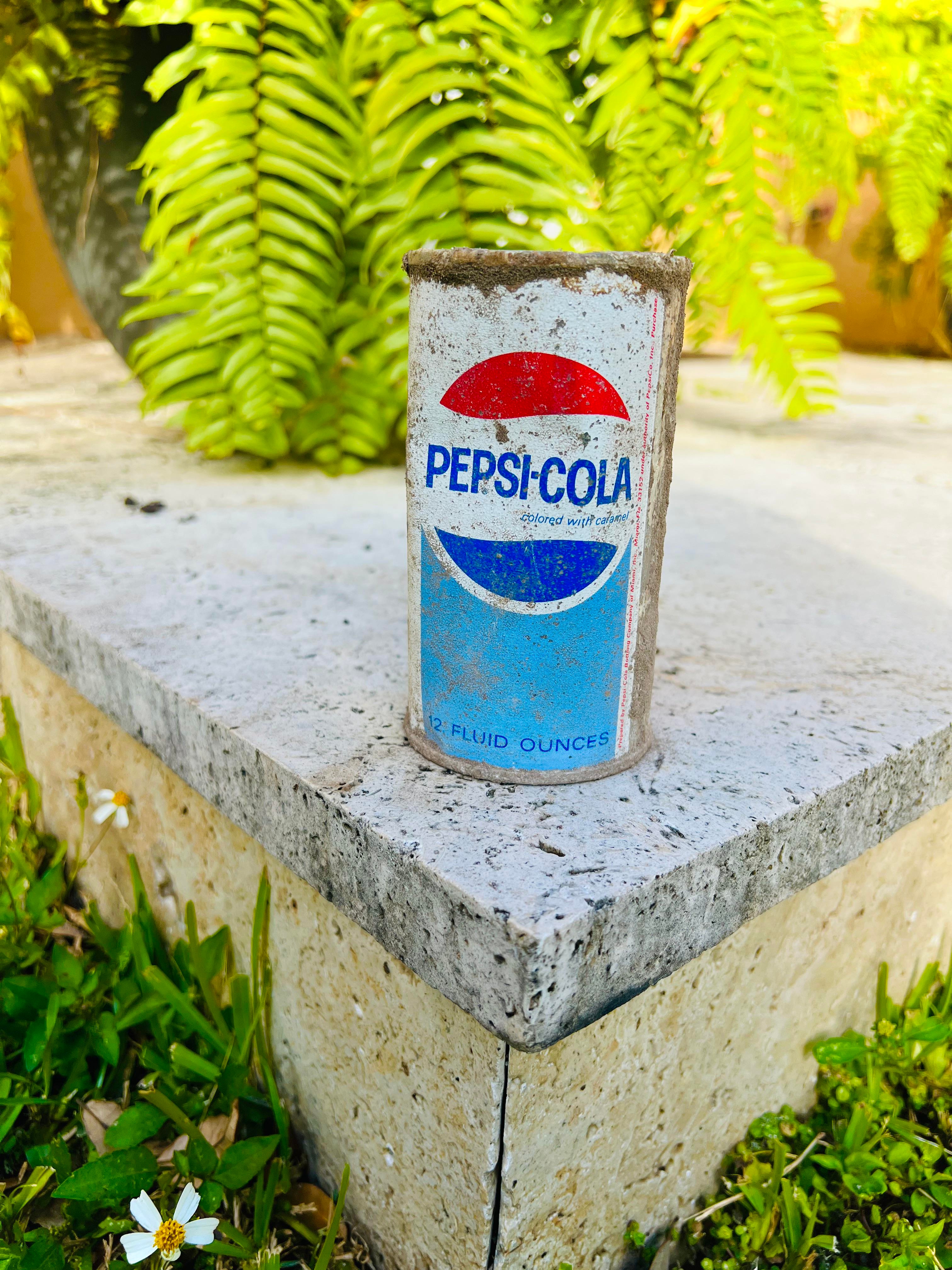 Vintage Pepsi-Cola tin  connected  a chromatic  surface, surrounded by greenery, evokes nostalgia for classical  soda branding