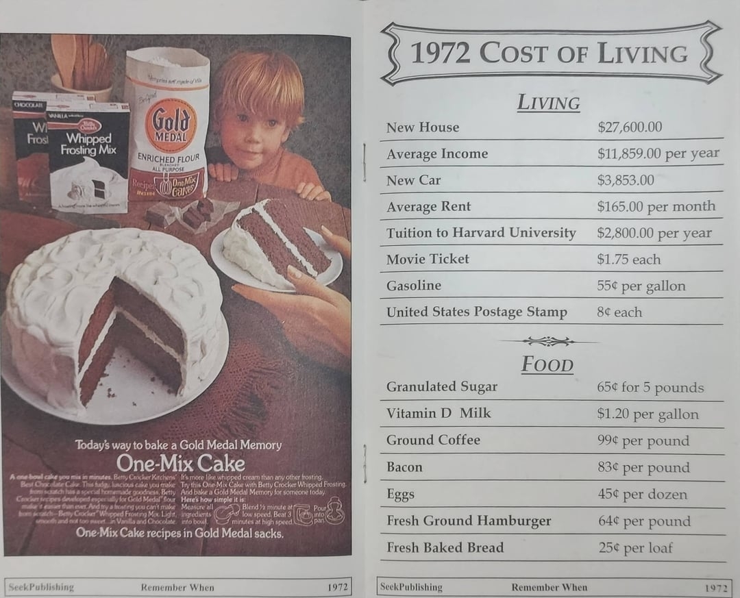 Child looking astatine  a barroom   advertisement adjacent  to a 1972 outgo  of surviving  chart, listing caller   house, mean  income, gas, and nutrient  prices