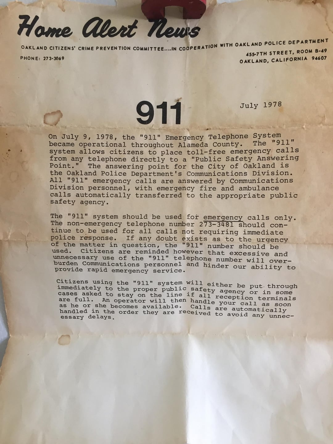 A 1978 paper  nonfiction  announcing the commencement  of the "911" exigency  telephone   system, detailing its intent  and due  usage wrong   Alameda County