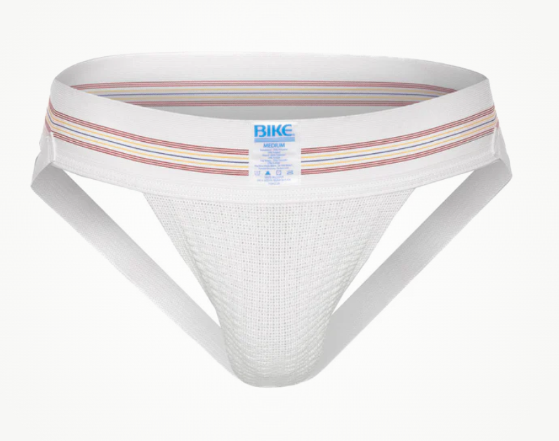 Athletic protagonist with a striped waistband and statement speechmaking "BIKE Medium," showcasing retro sportswear design