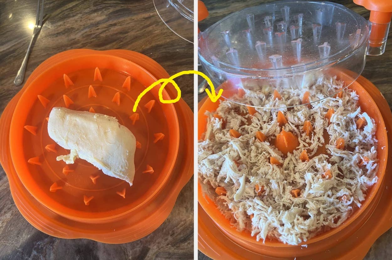 Manual food processor shredding chicken into small pieces with ease