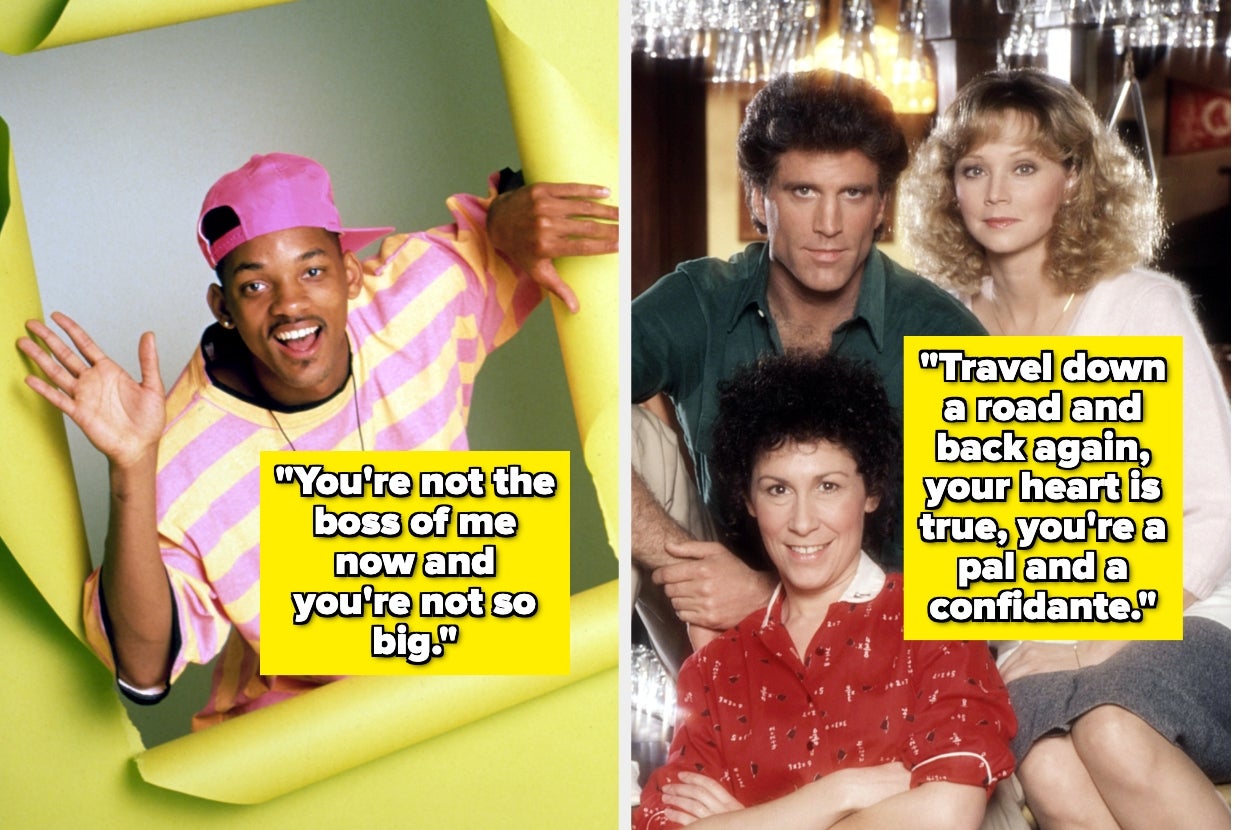 On the left, a young person in a striped T-shirt smiles behind torn paper. On the right, a classic TV cast poses together. Quotes reference their shows