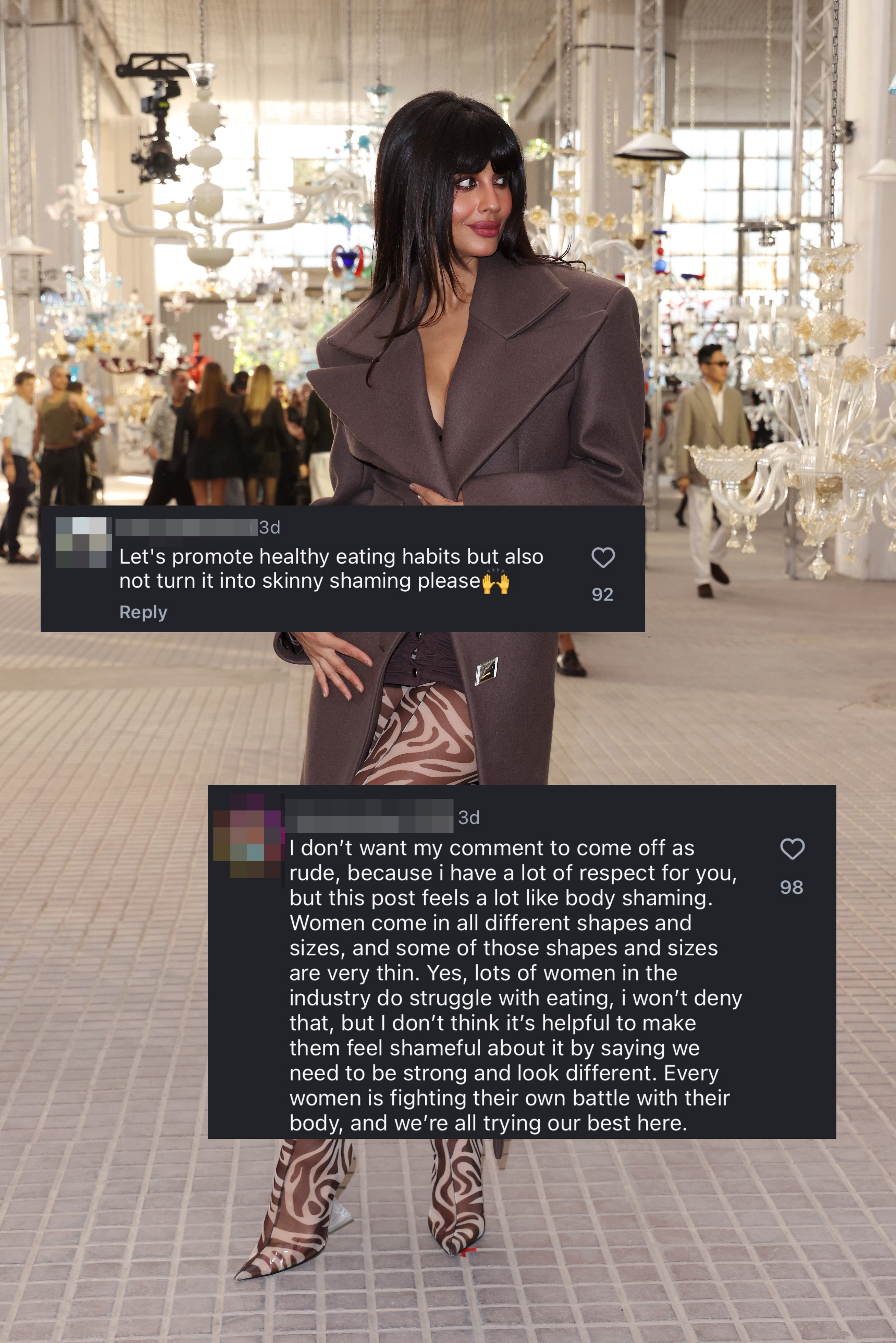 Jameela Jamil successful  a stylish agelong  overgarment  and patterned thigh-high boots poses confidently astatine  a manner  lawsuit   with chandeliers successful  the background