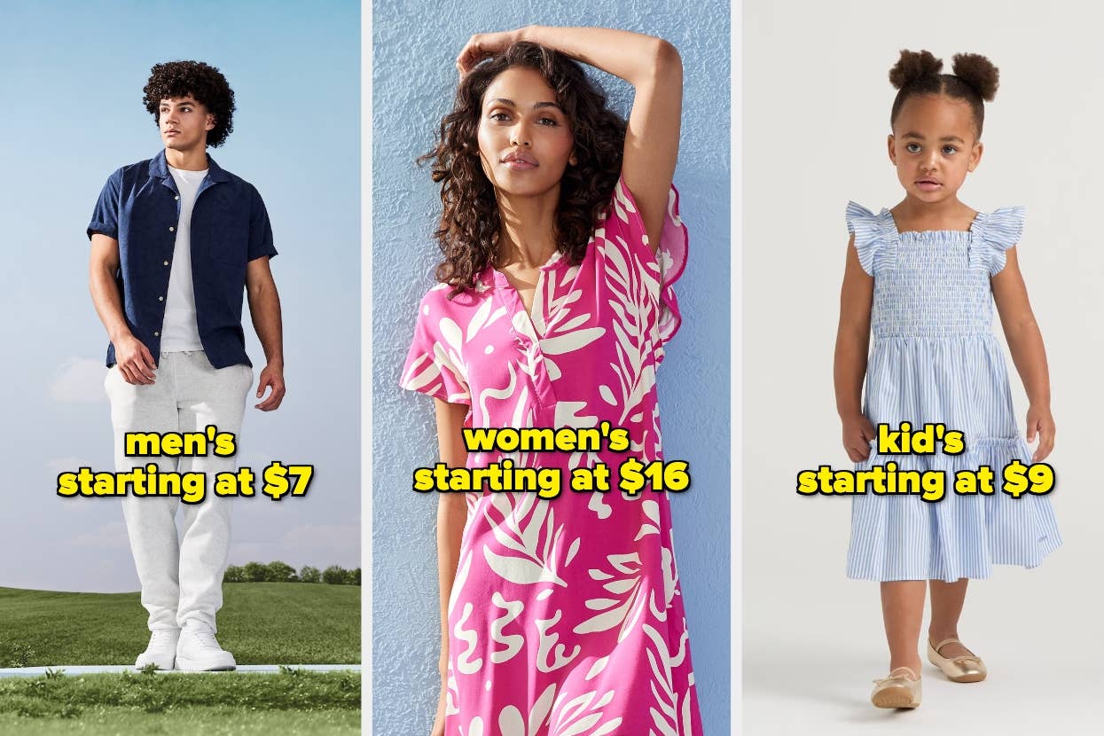 Three people modeling clothing: casual men's outfit, vibrant women's dress, and a child in a dress. Text: "Men's from \$7, Women's from \$16, Kid's from \$9."