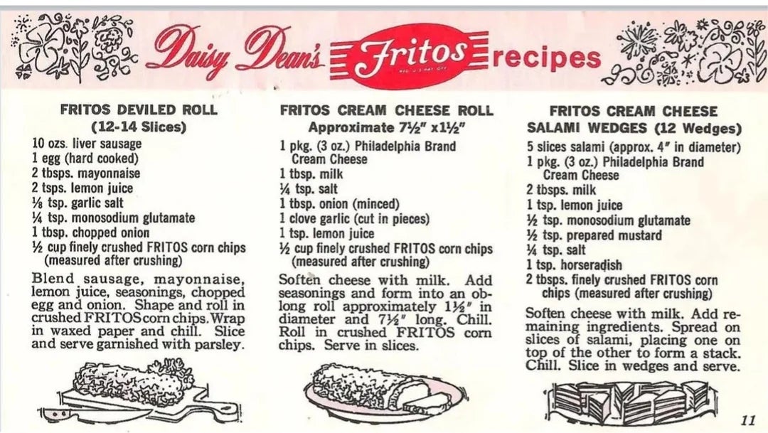 Vintage Daisy Dean's Fritos recipes see  Deviled Roll, Cream Cheese Roll, and Cream Cheese Salami Wedges, featuring mayonnaise and dips