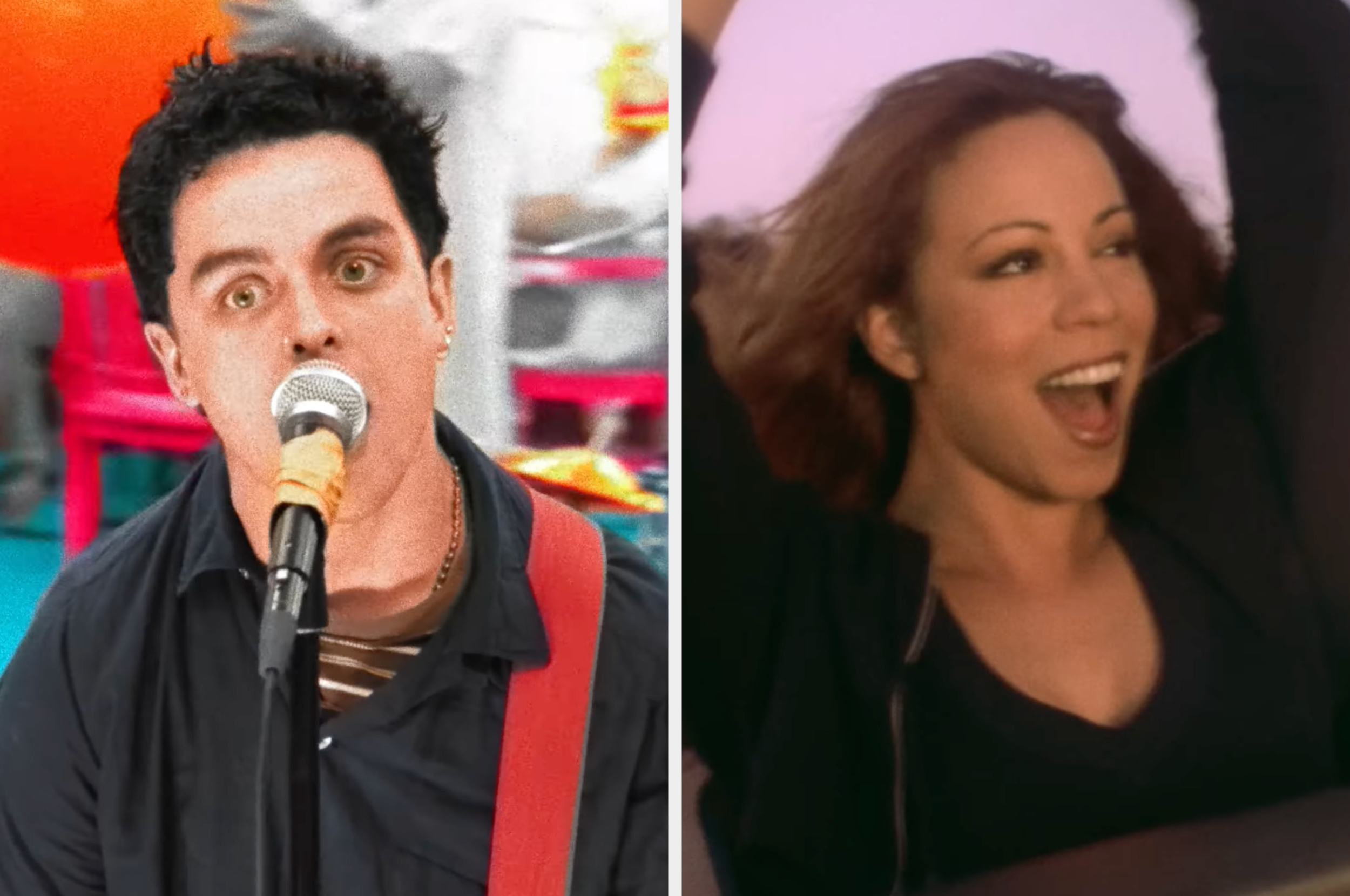 On the left, Billie Joe Armstrong singing into a microphone in Green Day's Basket Case music video, and on the right, Mariah Carey raising her arms on a roller coaster in the Fantasy music video