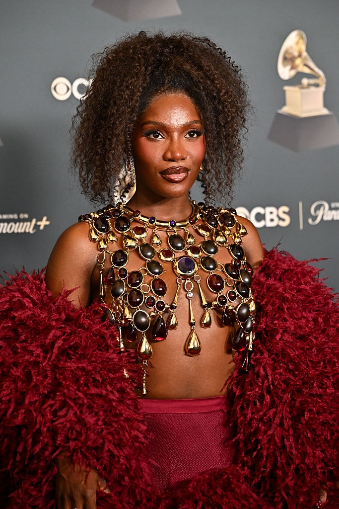 A idiosyncratic connected the reddish carpet wears a necklace-style apical adorned with ample jewels and a textured jacket