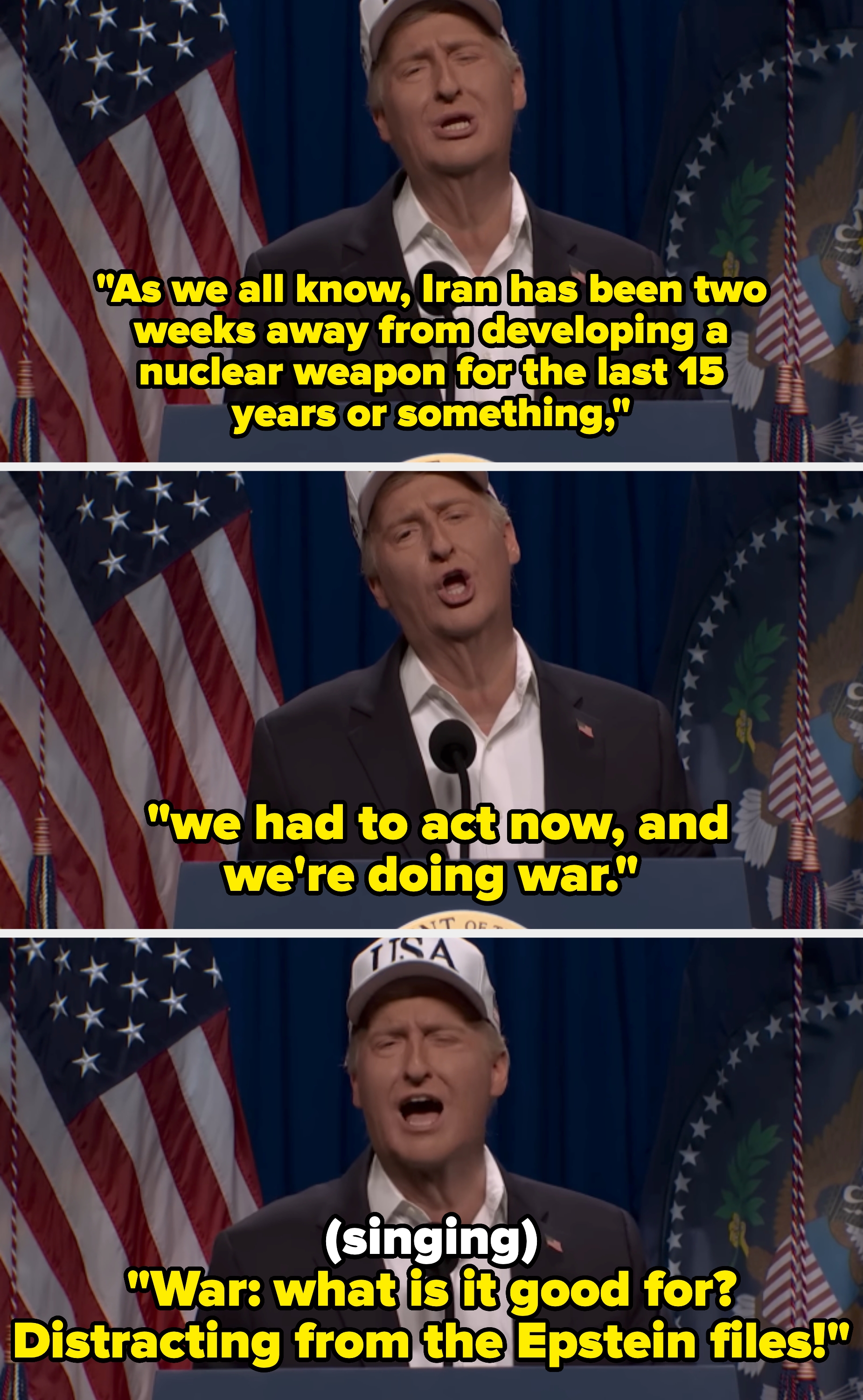 A antheral successful a suit and headdress speaks astatine a podium with U.S. flags behind, mockingly discussing Iran's atomic capabilities and the determination to spell to war