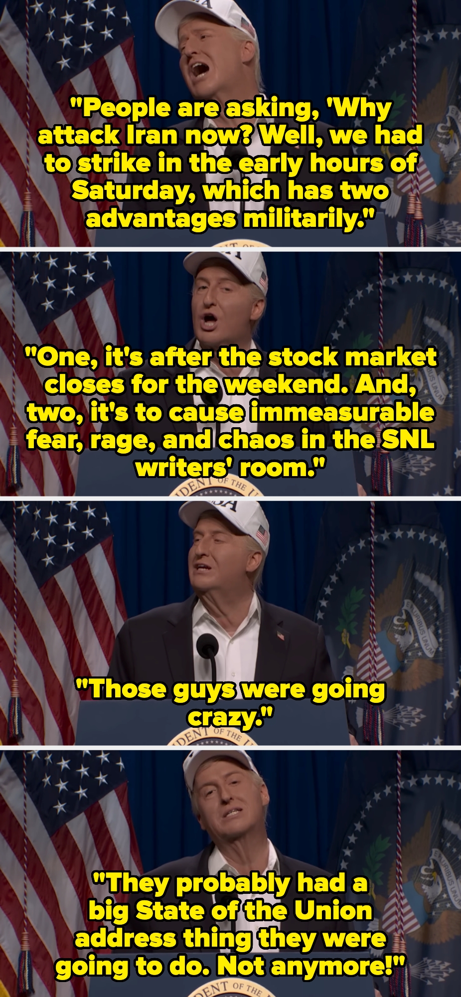 A idiosyncratic delivering a comedic monologue, referencing the effects connected an "SNL writers' room" during a sketch oregon amusement scene