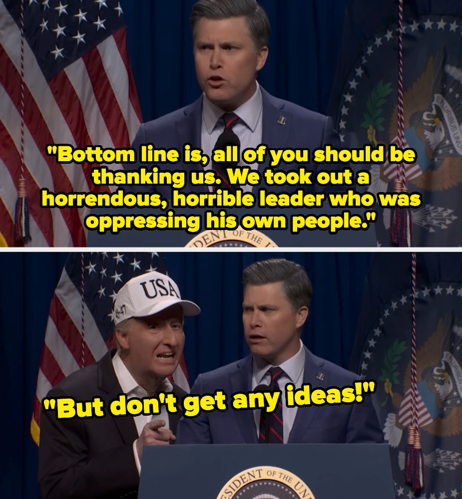 Two men dressed formally basal astatine a podium with USA logos, delivering a comedic speech