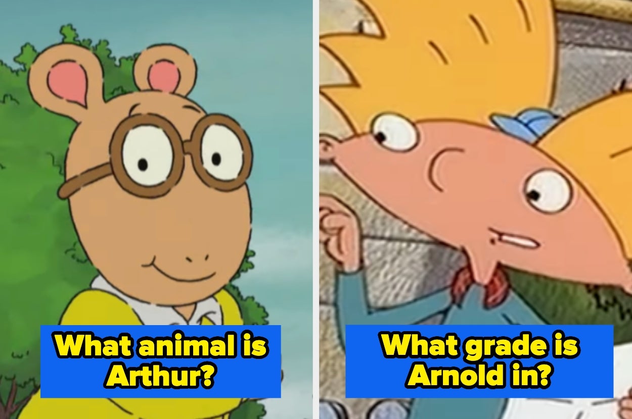 Cartoon characters Arthur (an aardvark) and Arnold (a boy) from TV shows with questions about their animal type and grade level