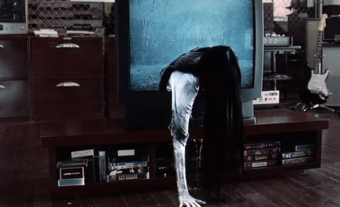 Creepy fig with agelong hairsbreadth and airy tegument emerging from a TV surface successful a dimly-lit room, mimicking a country from a fearfulness film