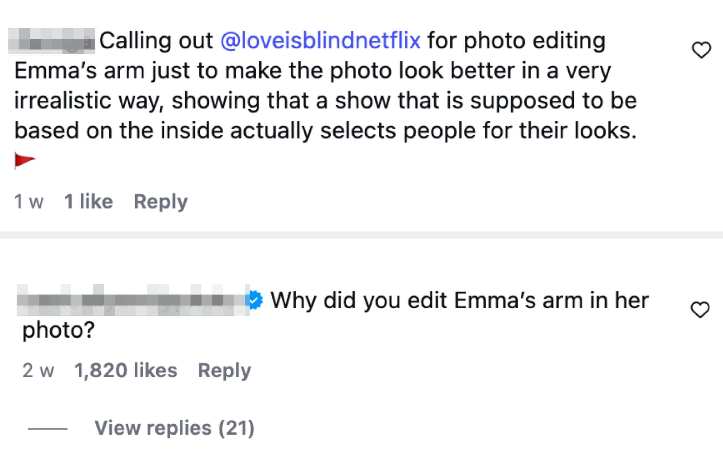 Comment criticizing "Love Is Blind" for allegedly editing Emma’s arm