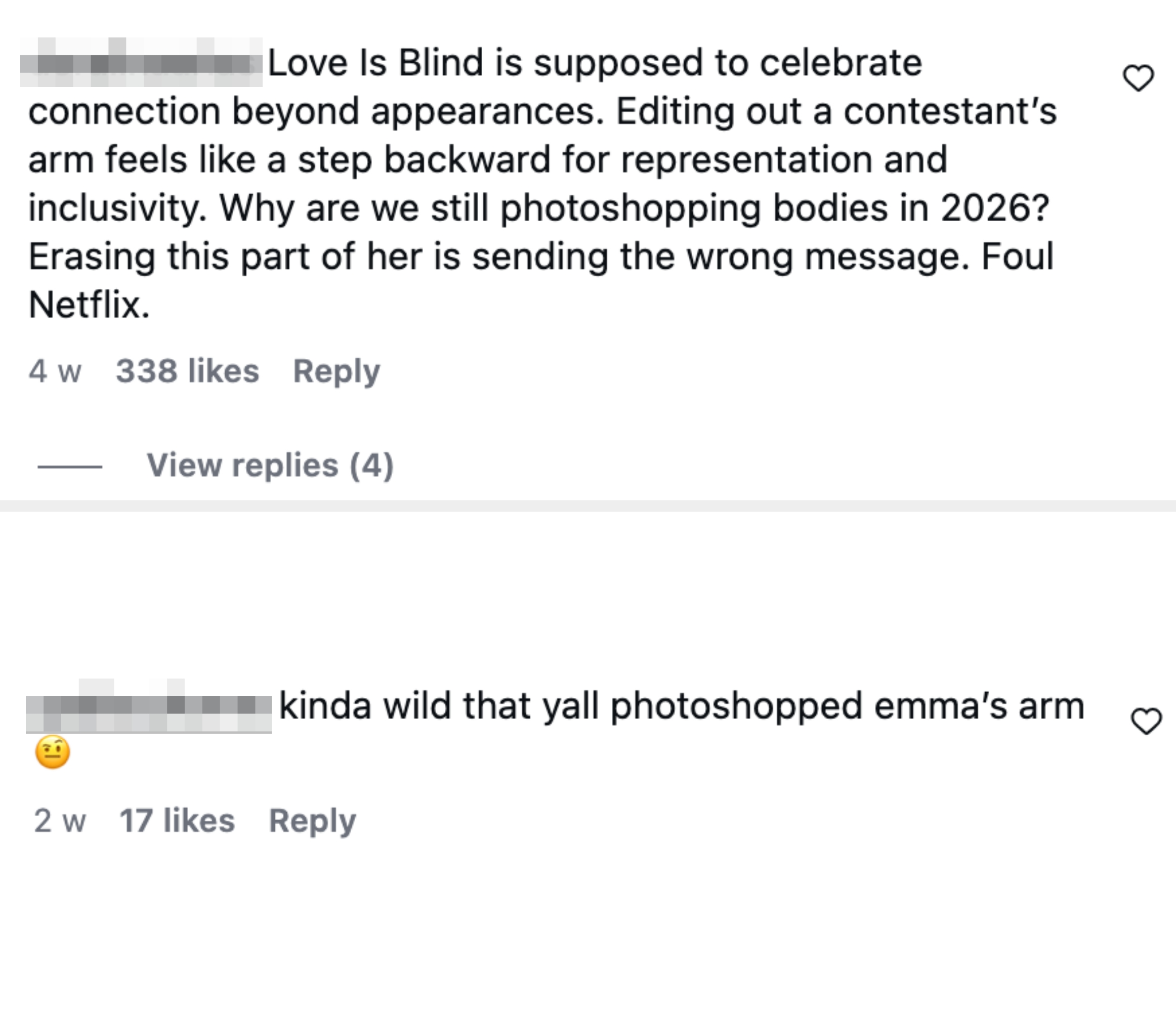 Comment criticizing "Love Is Blind" for editing retired  Emma's arm, calling it a setback for practice   and inclusivity