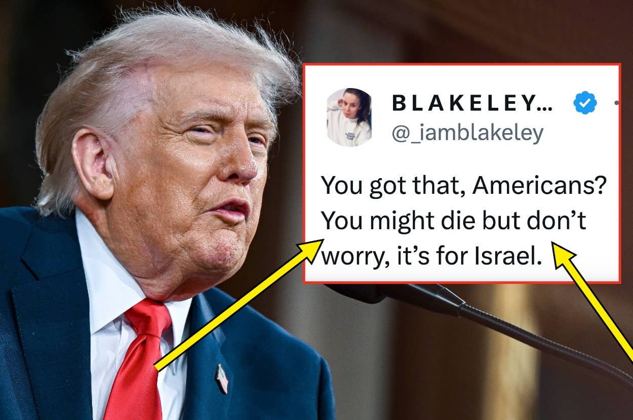 A man in a suit next to a highlighted tweet says, "You got that, Americans? You might die but don’t worry, it’s for Israel."