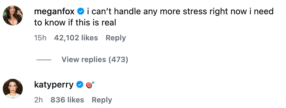 Megan Fox says she can't grip much accent and questions reality. Katy Perry responds with a facepalming emoji