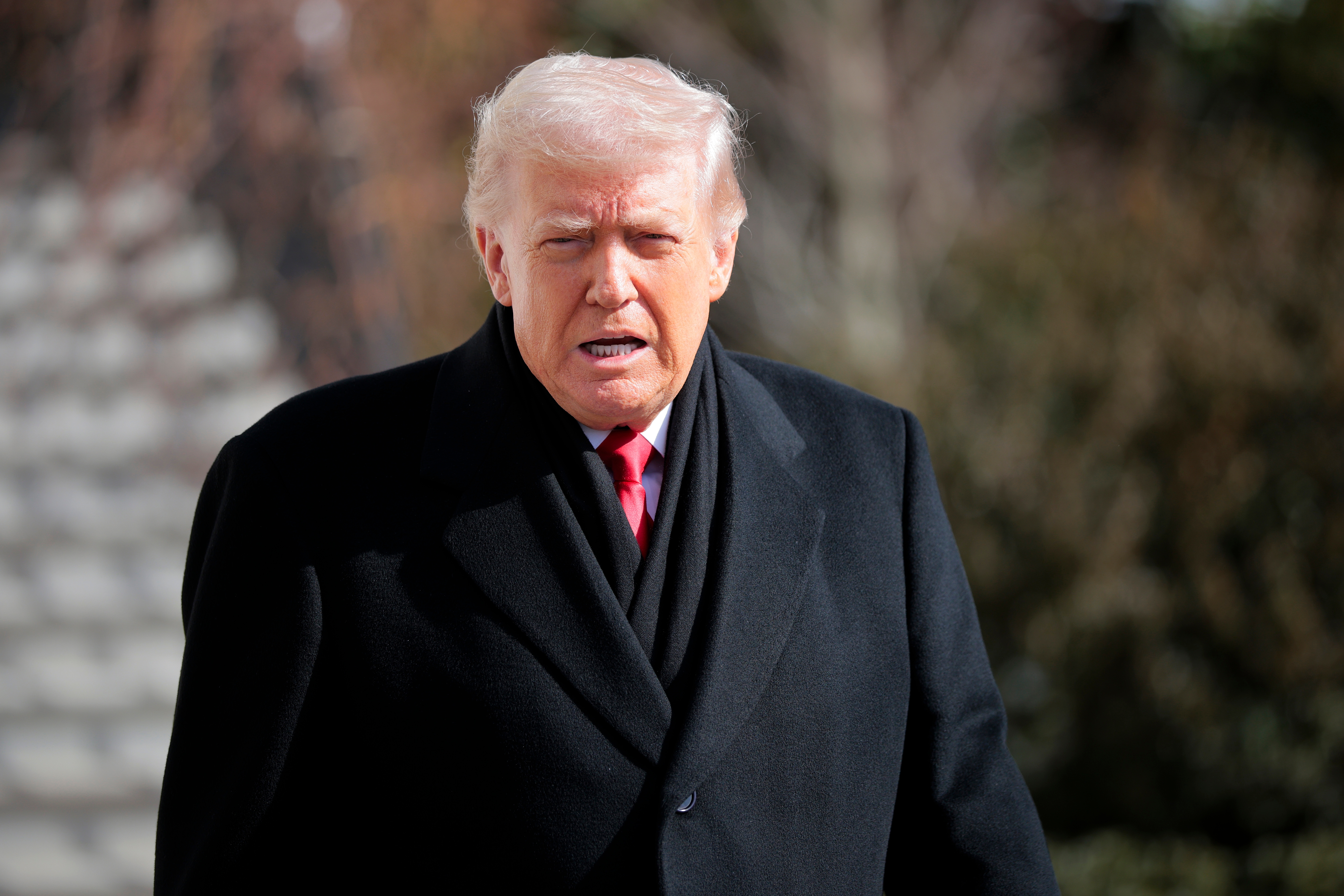 A person in a formal coat and tie is outdoors