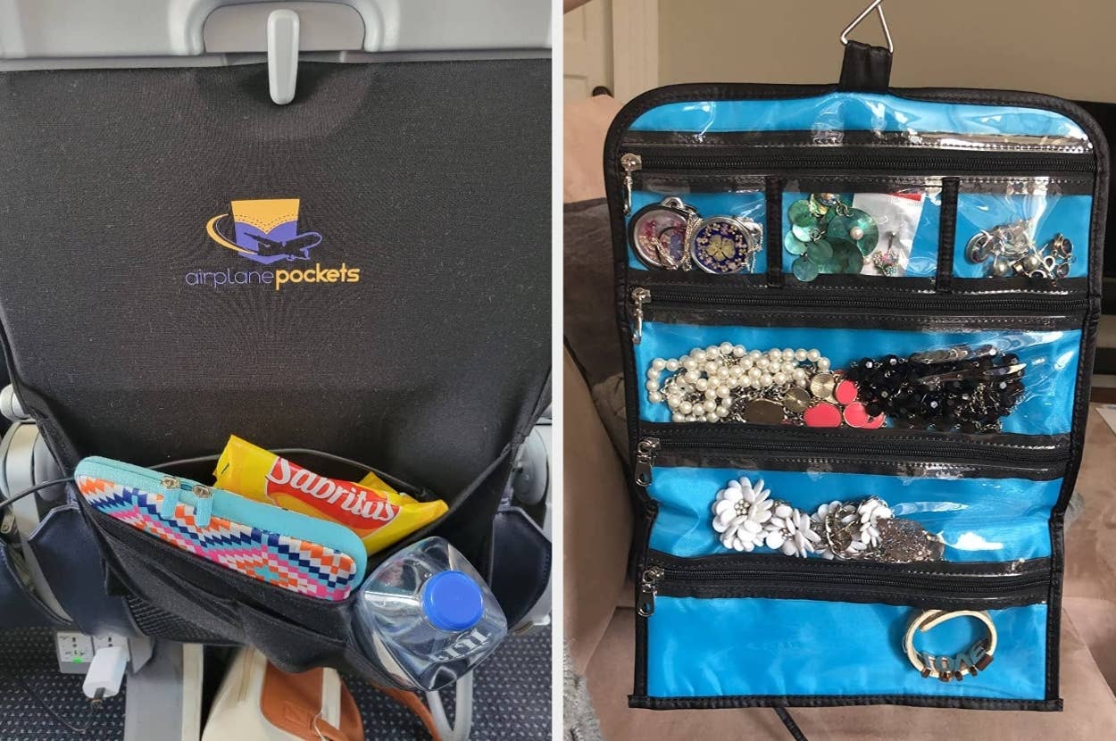 Seatback organizer holding snacks and a water bottle next to a hanging jewelry organizer with multiple slots displaying accessories