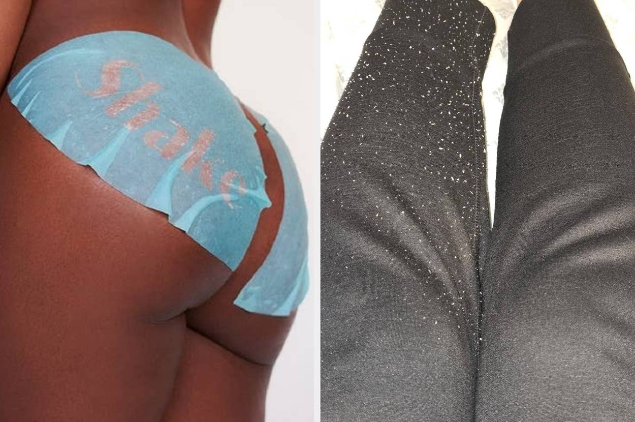 Two images: Left shows a person wearing a blue butt mask sheet labeled "Shake." Right displays leggings; one leg covered in lint and the other leg clean of lint