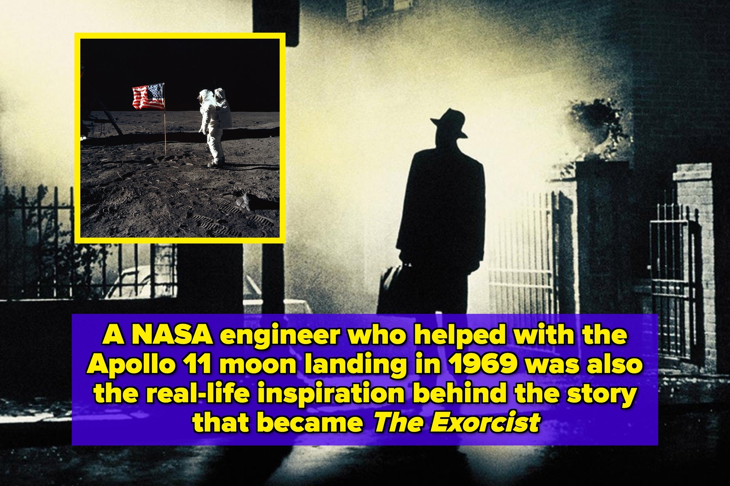Silhouette of a person under a streetlight with an inset of the moon landing and text about a NASA engineer inspiring "The Exorcist" story