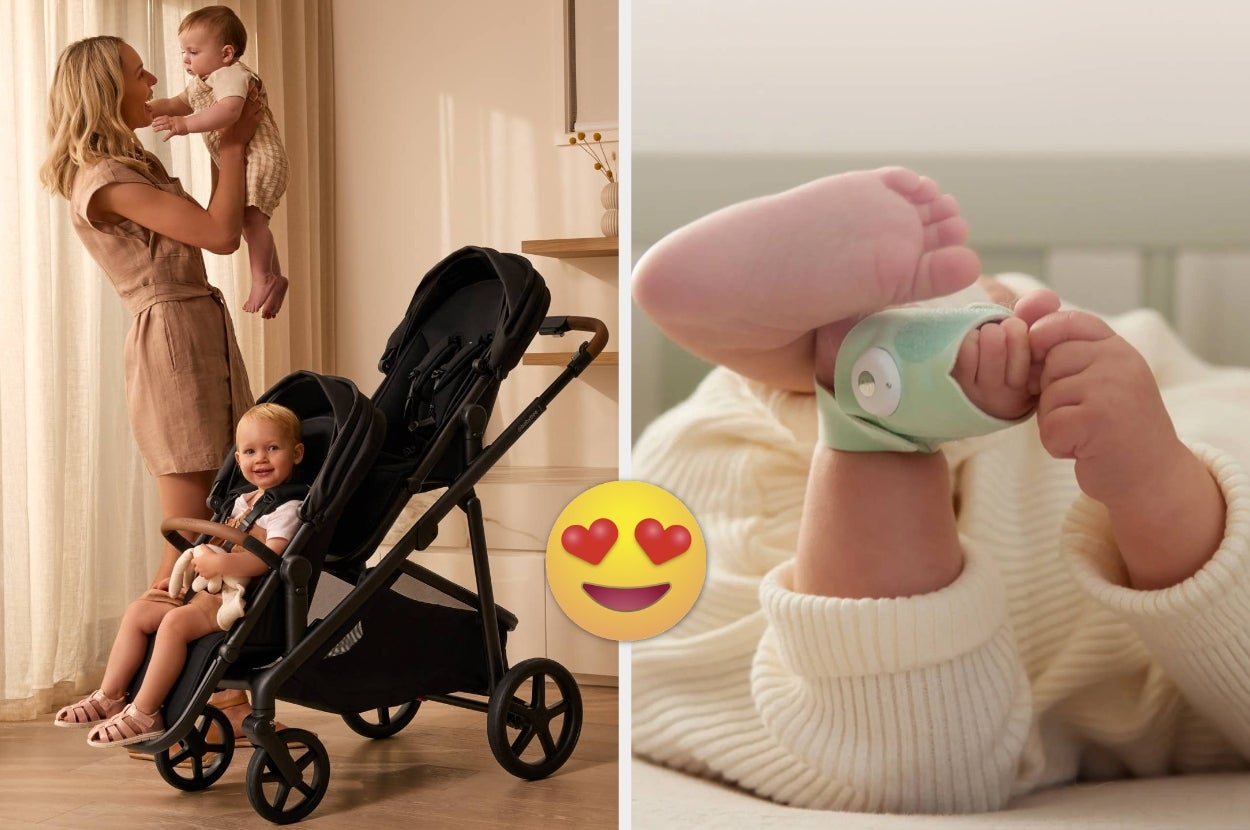 Woman holding baby beside stroller with seated toddler; baby feet with a monitoring device