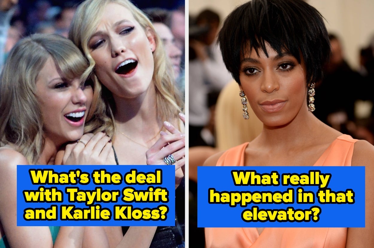 Split image: Left side features two women smiling at an event; right side shows a woman with a serious expression. Text discusses celebrity rumors