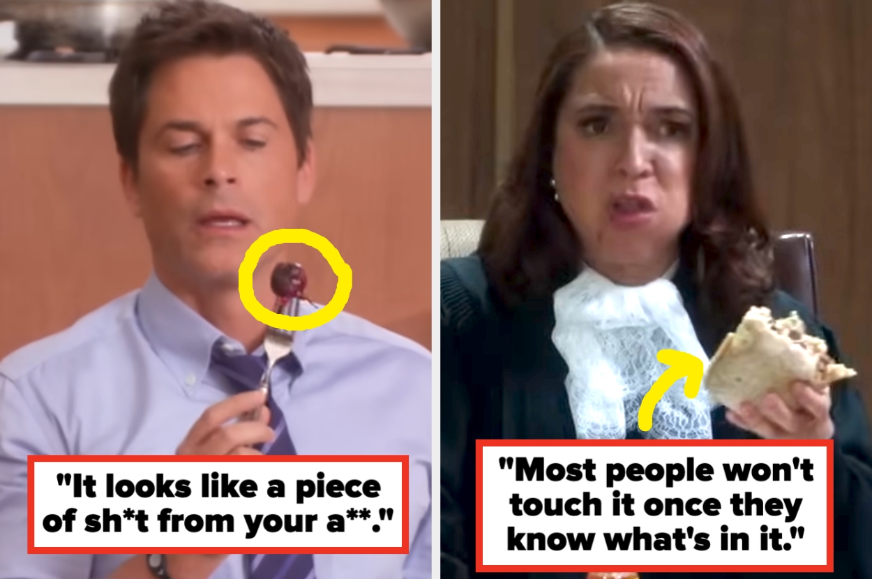 Split image: Left shows person holding a lollipop, caption reads "It looks like a piece of sh*t from your a**." Right shows a person with a sandwich, caption reads "Most people won't touch it once they know what's in it."