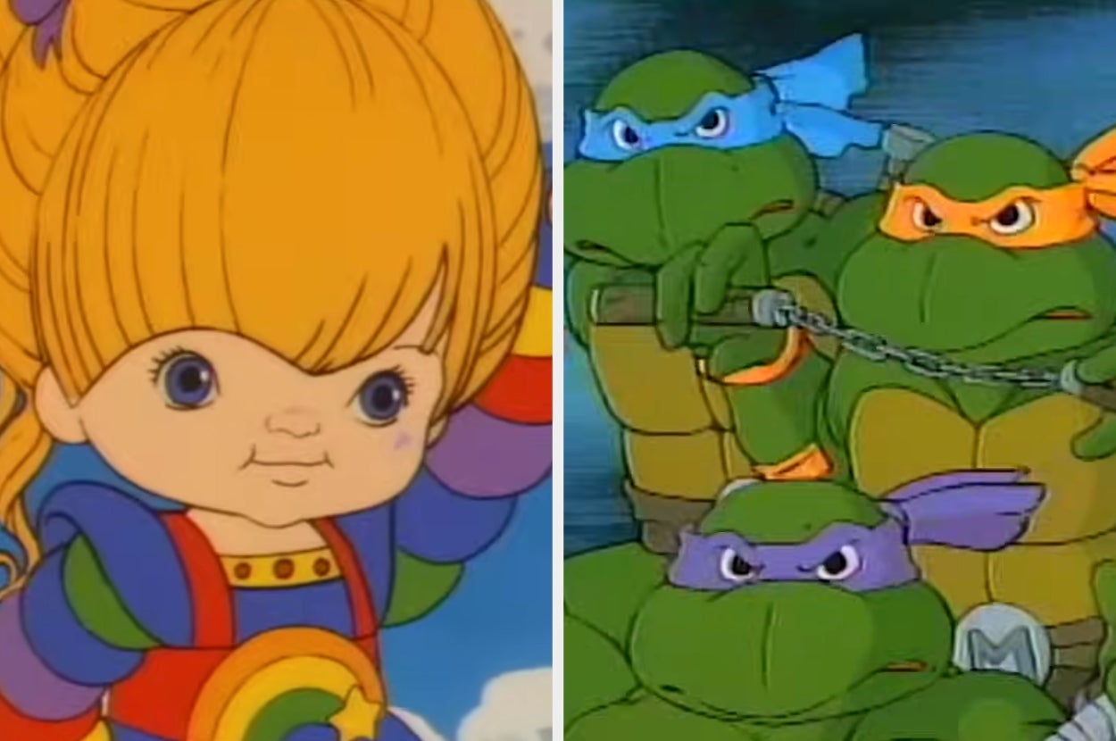 Animated characters: Rainbow Brite with a rainbow outfit, and Teenage Mutant Ninja Turtles with colored masks and weapons