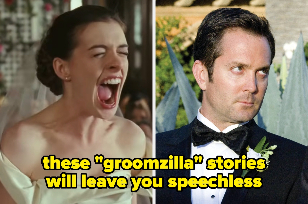 Split image of a screaming bride and annoyed groomsmen, text overlay: these "groomzilla" stories will leave you speechless