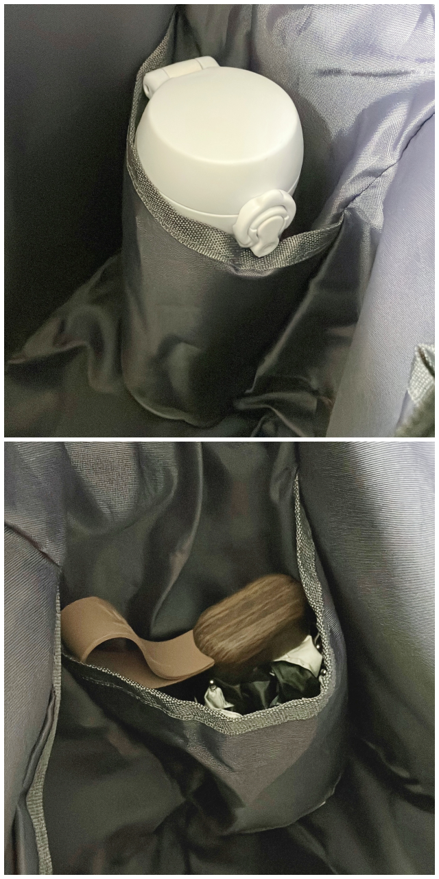 ワークマンの「しごできカバン 撥水防汚3WAYリュック」バッグの内側にあるポケットに水筒とヘアブラシが収納されている。