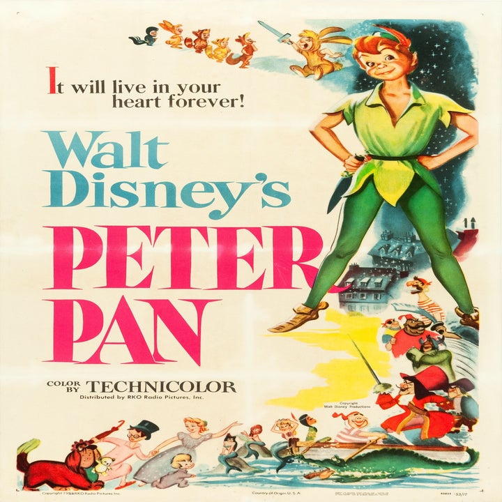 Vintage poster for Disney's "Peter Pan" featuring Peter in green attire, Tinker Bell, and characters in various adventurous poses highlighting the story