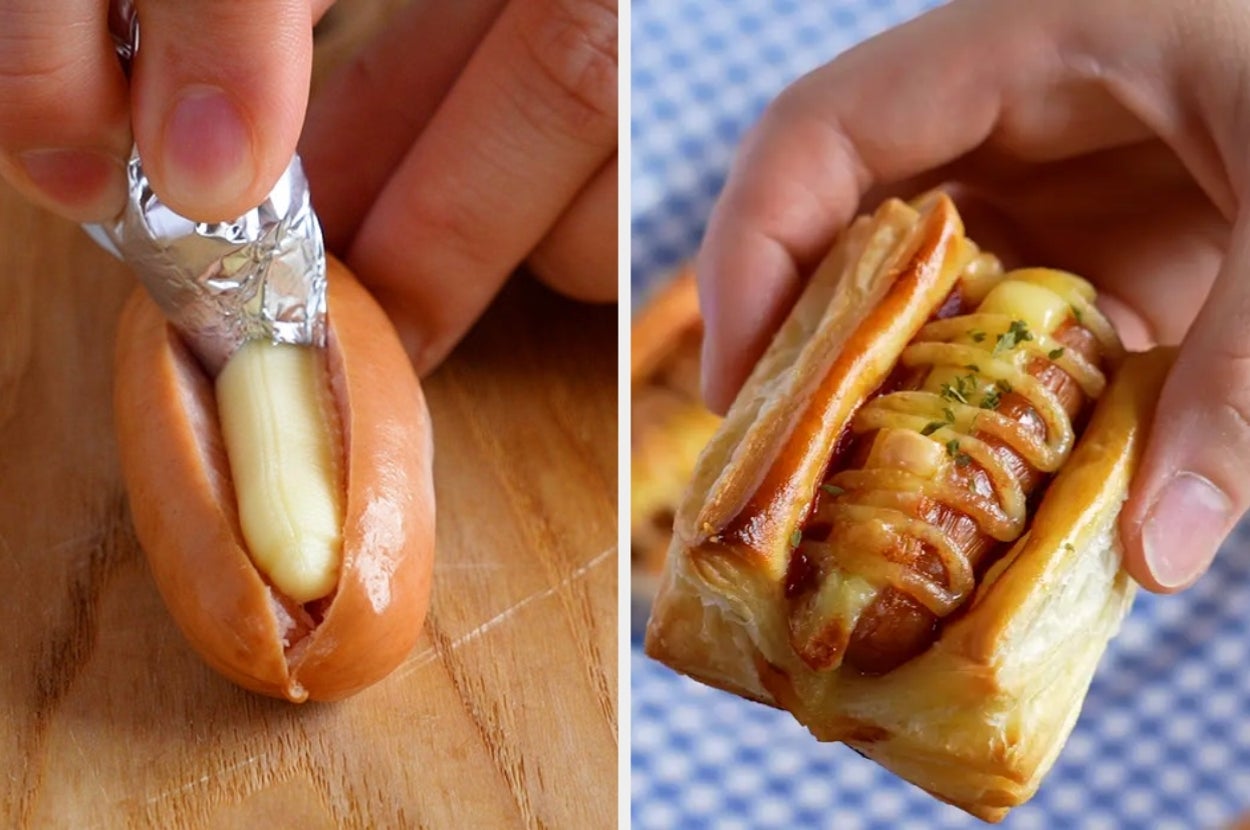 ソーセージにチーズを詰める過程と、パイ生地で包んだ完成品を手に持つ様子。