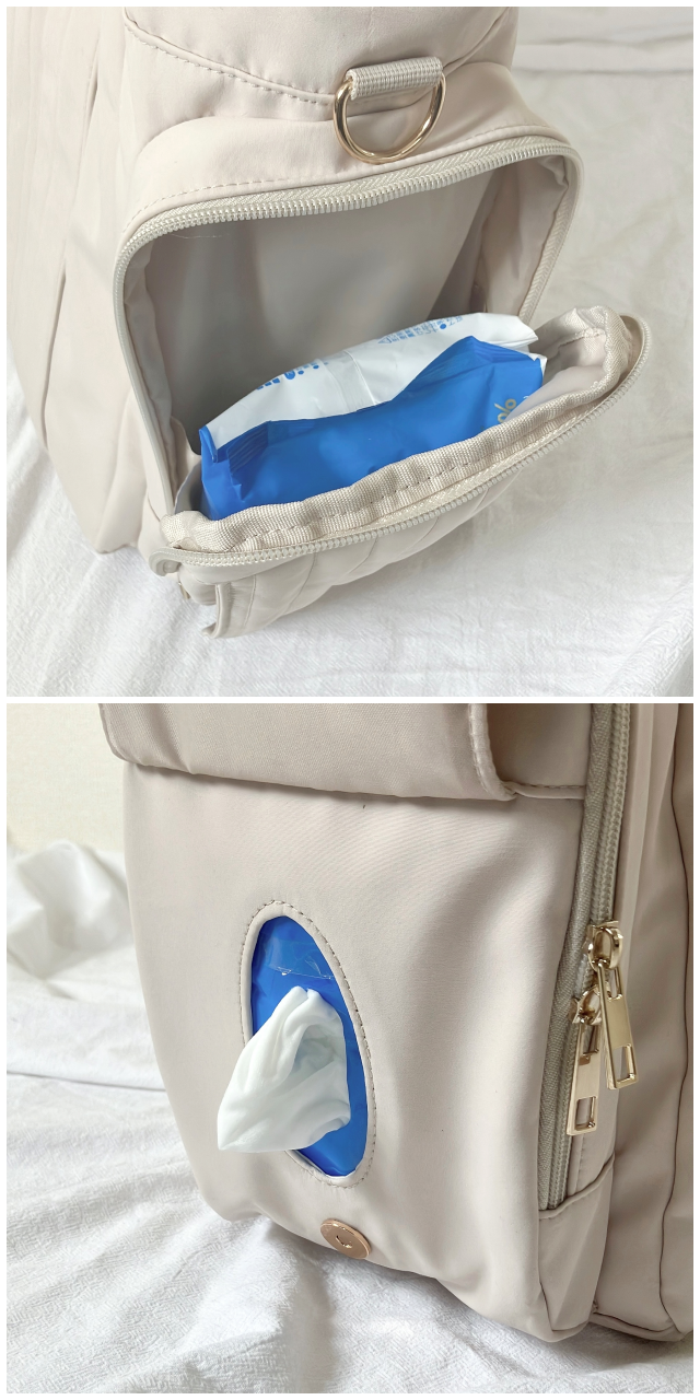 WORKMAN（ワークマン）の「マザーズ機能が全部盛り！ファミリーライフボストンバッグ」ベビーワイプ専用ポケットと取り出し口を備えたバッグ。