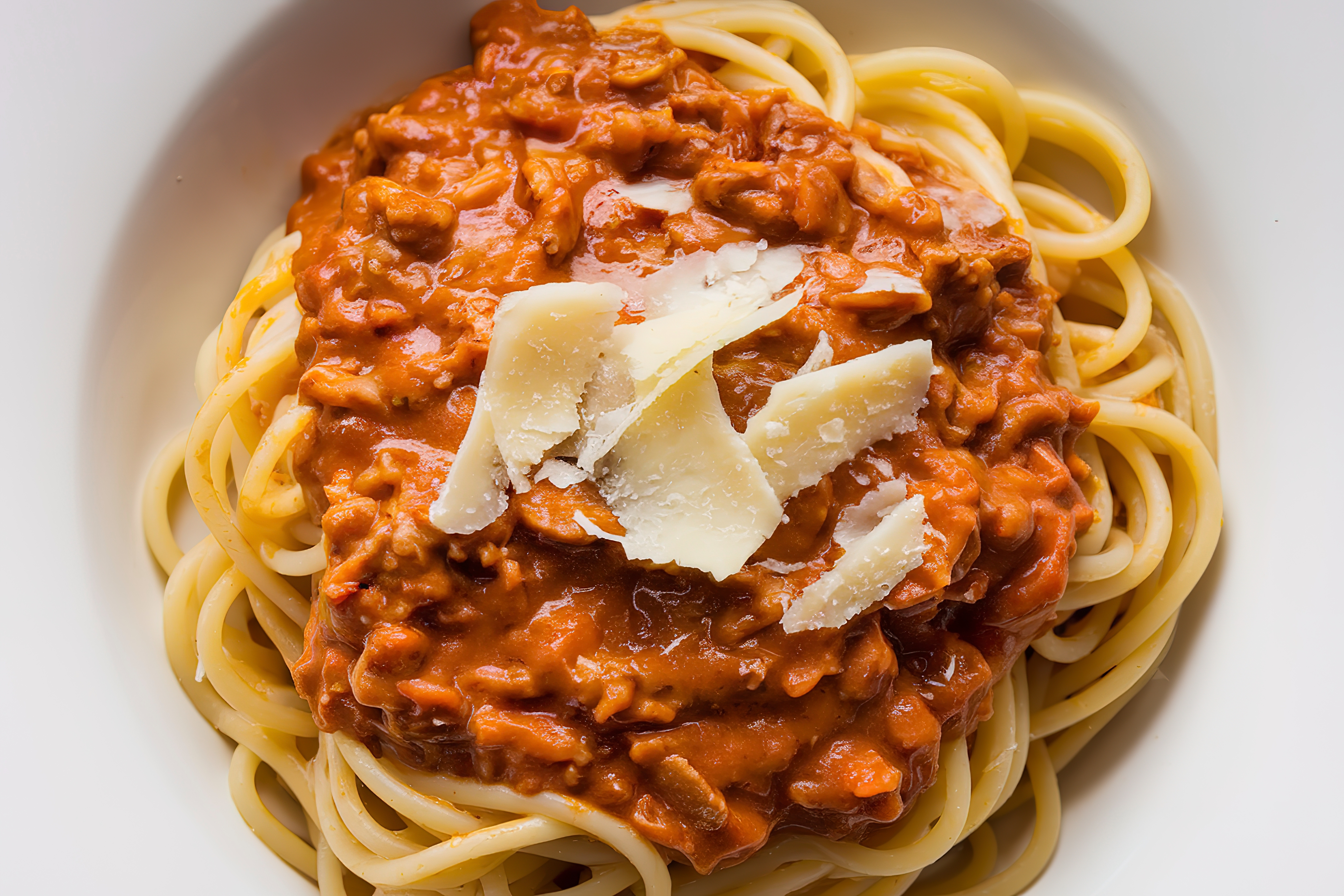 A sheet  of spaghetti topped with affluent  nutrient   condiment  and garnished with shaved parmesan cheese