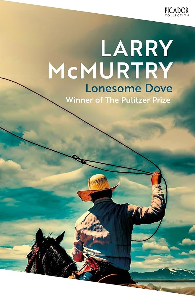 Book cover of "Lonesome Dove" by Larry McMurtry. Features a cowboy on horseback with a lasso, and notes it won the Pulitzer Prize