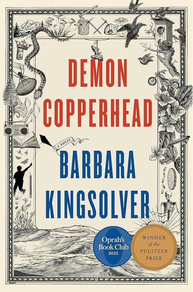 "Demon Copperhead" book cover by Barbara Kingsolver, Oprah’s Book Club 2023 pick, Pulitzer Prize winner. Illustrated with various objects