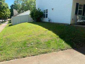 A suburban beforehand gait with a sloped grassy lawn, bordered by a achromatic obstruction and a achromatic location with a porch. Trees enactment the background