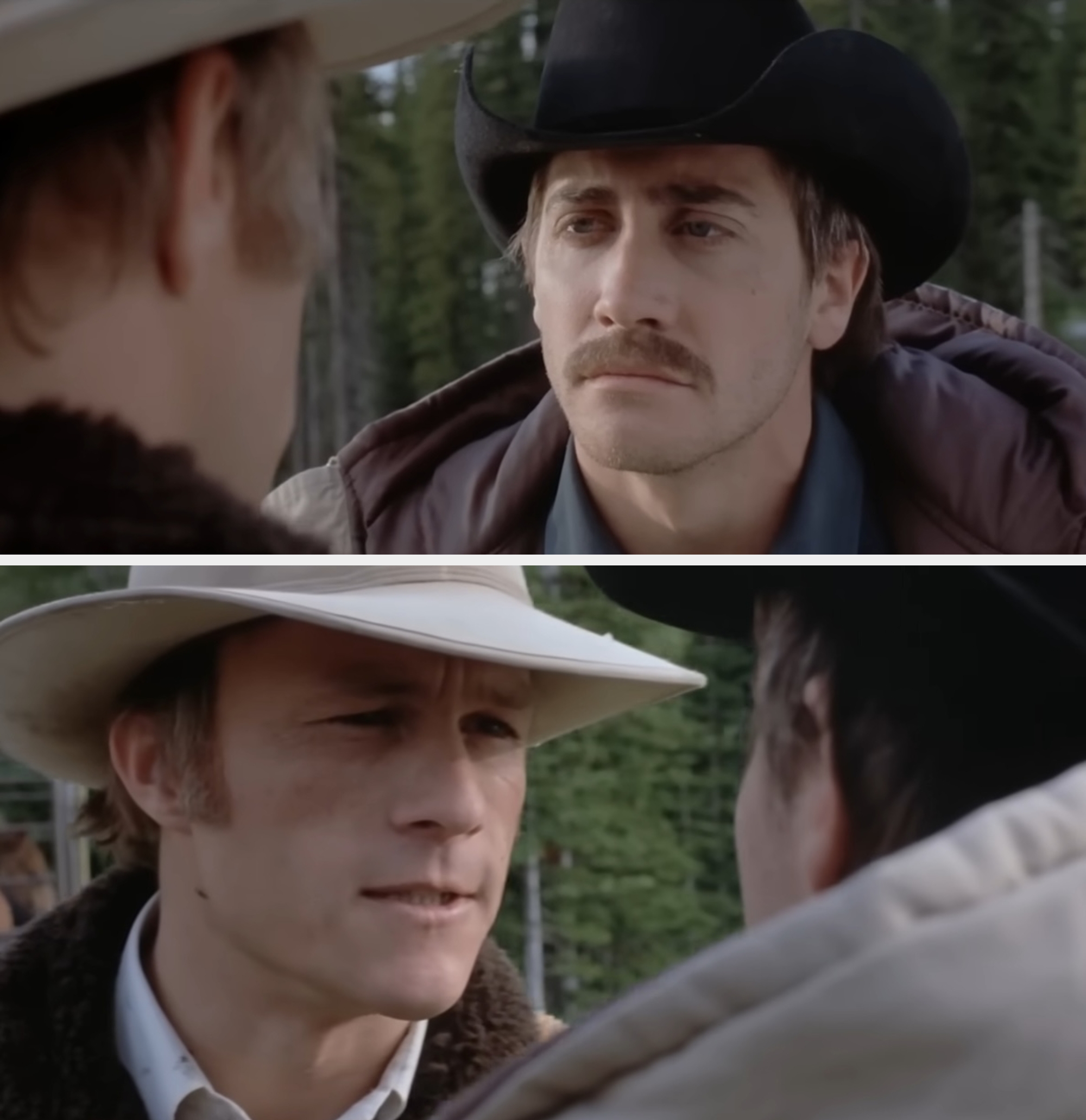 Jake Gyllenhaal and Heath Ledger look astatine each different intensely successful "Brokeback Mountain" scene
